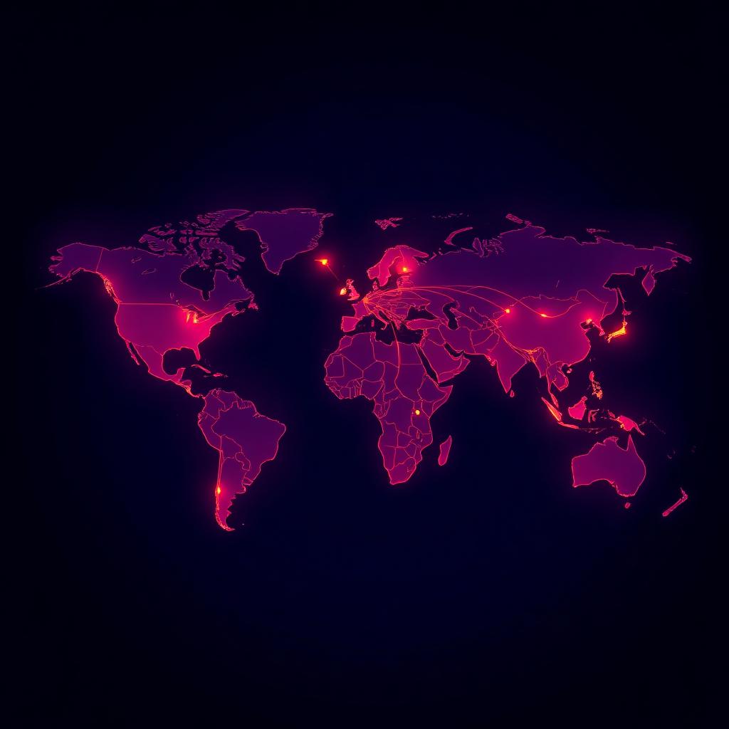 Glowing world map with route lines connecting multiple destinations