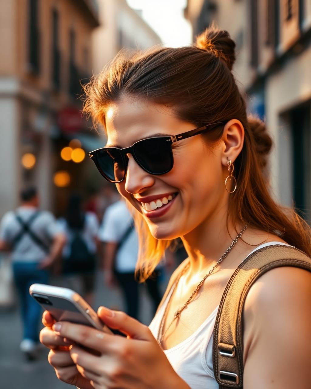 Traveler smiling while checking her Sujova itinerary on a sunlit street